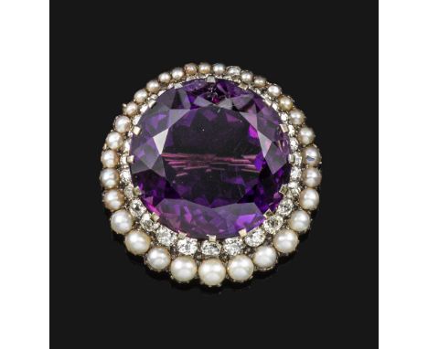 A Victorian amethyst, diamond and seed pearl brooch pendant, the circular-cut amethyst set within an asymmetrical surround of