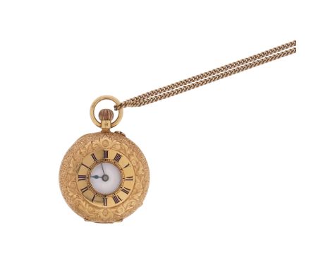 A 18ct gold half hunting-cased fob watch, with white enamel dial, black Roman numerals, on  a yellow gold fine-link neck chai