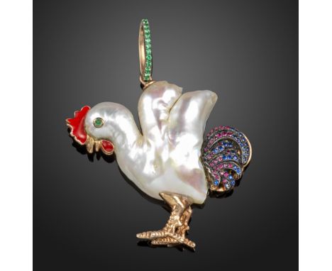 A paste-set cockerel pendant, the body formed from an unusually-shaped cultured pearl, with red enamel and silver-gilt beak a