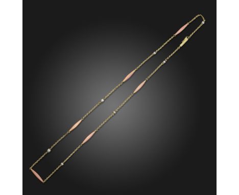 An enamel and seed-pearl set gold chain, alternately-set with tapered links with pink guilloche enamel decoration and seed pe