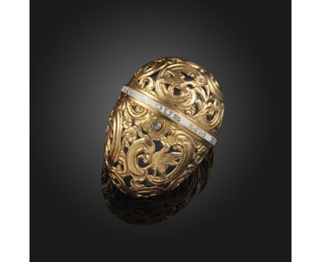 An English mid 18th century egg-form bonbonnière, the hinged bloodstone box with ornate gold cage work decorated with birds a