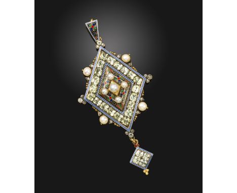 A gem-set Holbeinesque gold pendant, the lozenge design decorated with polychrome enamel, and set with chrysolites and pearls