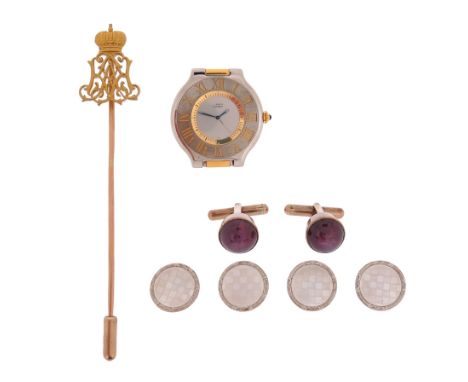 A yellow gold stickpin, with a ciper possibly for KA beneath a coronet, case, with a pair of cabochon ruby cufflinks set in g