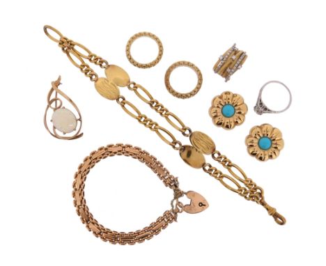 A group of jewellery, including a diamond solitaire ring, a 15ct gold bracelet, a 9ct gold bracelet, two ropetwist gold rings