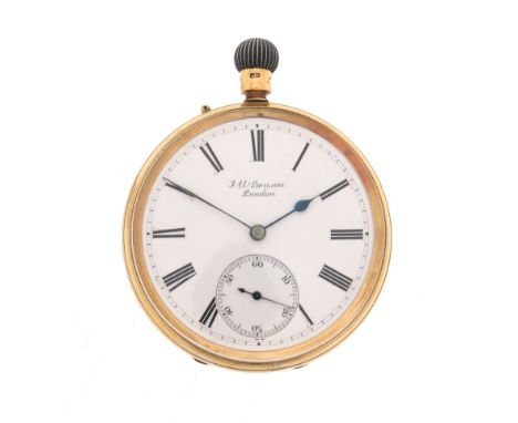 An 18ct gold open-faced pocket watch by Benson, the signed dial with black Roman numerals and subsidiary seconds dial, intern