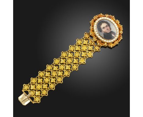 A Victorian gold miniature bracelet, the repoussé gold bracelet with a seed pearl and gold detachable clasp set with a portra