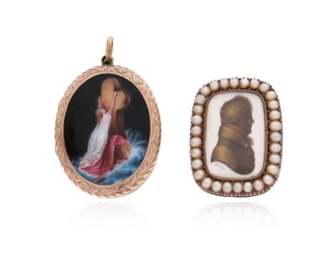A George III gold silhouette brooch, within a seed pearl border and inscription to reverse 'The Gifts For Which Love Looks ar