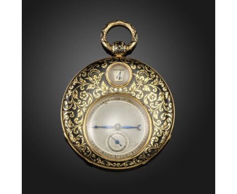 A yellow gold and enamel Jump Hour open-faced pocket watch, c.1830, engine-turned dial, aperture and 12 o'clock for Jump Hour