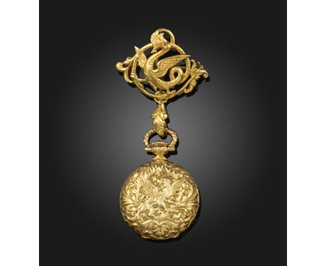 An Art Nouveau gold fob watch with brooch by LeCoultre, white enamel dial with red and blue Arabic numerals, case numbered 78