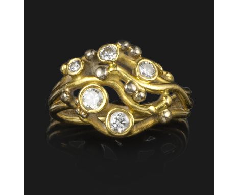 An abstract diamond-set yellow gold ring by Martin White, the graduated round brilliant-cut diamonds are set in undulating ye