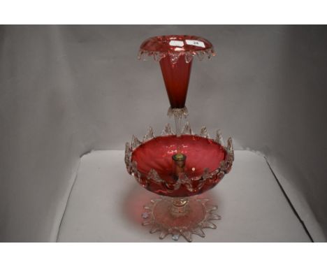 A fine Victorian table centre epergne having cranberry glass with clear glass decoration 42cm tall.
Very fine condition no ch