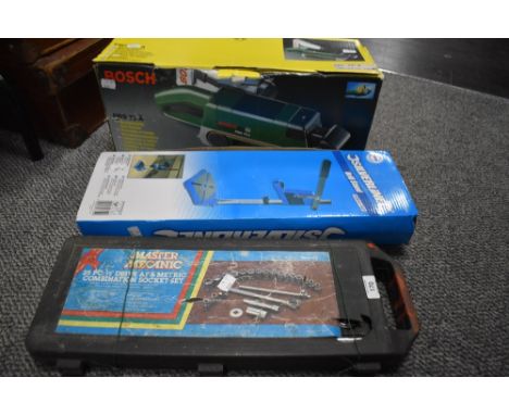 A master mechanic socket set, a silverline drill stand and a Bosch belt sander