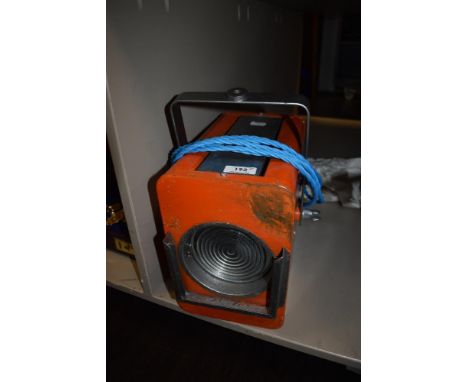 A Strand Electric theatre lamp, with modern household replacement internal fitting and blue cord flex