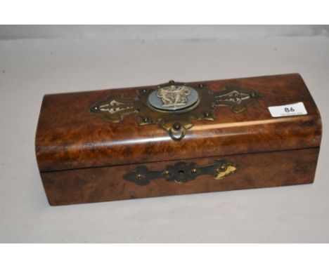 A fine Victorian glove box having burr walnut case with brass banding, cabachon decoration surrounding a central ceramic plaq
