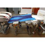 Dual lane taper down bagel conveyor. Blue plastic interlocking belts