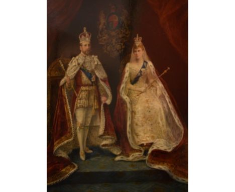 AN ATTRACTIVE OVERPAINTED COLOURED PRINT, depicting KIng Edward VII and Alexandra of Denmark in their coronation robes, oil o