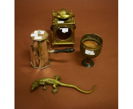 A SMALL BRASS LANTERN OR SIGNAL LAMP,with blue and ruby panels, and a swing handle. 6.75" (17cm). Together with a silver plat