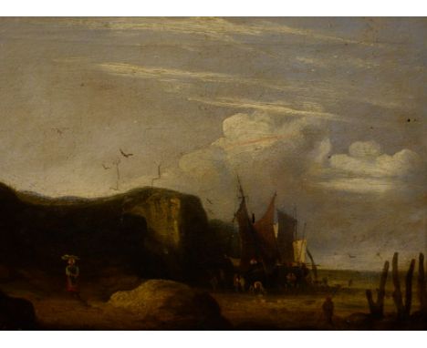 CIRCLE OF WILLIAM SHARE, 'Beach Scene with Fisherfolk in Boats', oils on canvas,11.75" (30cm) high x 15.5" (40cm) wide. (1)