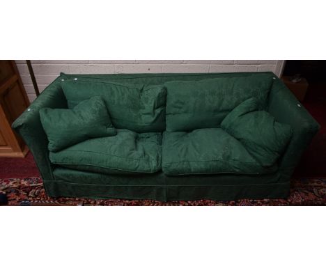 AN ATTRACTIVE LARGE THREE-SEATER SETTEE, covered in attractive green self print floralloose fabric, with straight back and si