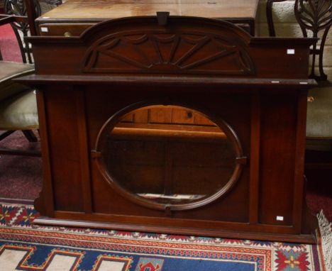 AN EDWARDIAN MAHOGANY OVERMANTEL OR CHIFFONIER BACK, with arched top abovean oblong shelf and an oval mirror plate. 47" (119c