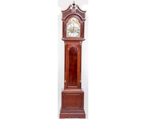 A GOOD MAHOGANY BRASS INLAID CHIMING LONGCASE CLOCK. Swan neck pediment andcentral urn finial above an arched brass and silve