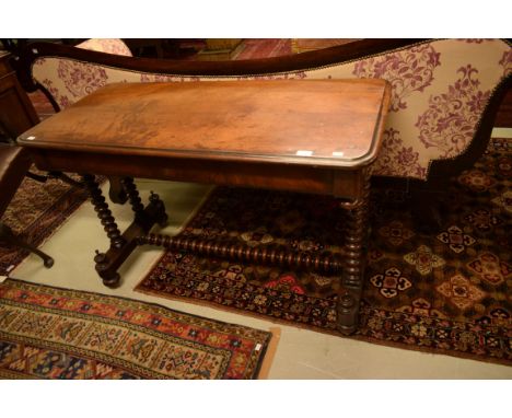 A RECTANGULAR VICTORIAN MAHOGANY SIDE OR CENTRE TABLE, with moulded top and plain frieze. Raised on four bead-turned columns,