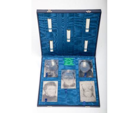 A RARE AND PROBABLY UNIQUE SET OF FIVE ETCHED SILVER PORTRAIT PANELS. ByLarry Canning, depicting historic figures that shaped
