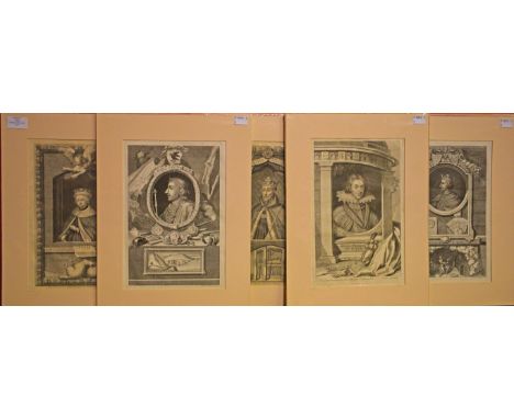 TEN OLD BLACK AND WHITE PORTRAIT ENGRAVINGS depicting various English monarchs,through the years. Each with inscriptions. Mou