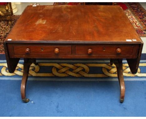 A REGENCY PERIOD MAHOGANY SOFA TABLE,with two D-shaped flaps, flanking two mock and two frieze drawers, on standard supports,