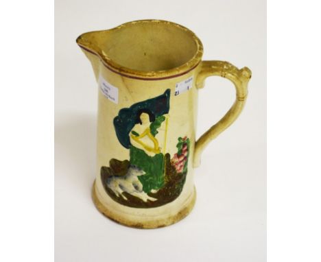 A RARE IRISH VICTORIAN RELIEF MOULDED POTTERY JUG. Depicting Erin holding thegreen flag and harp with a seated wolfhound. The