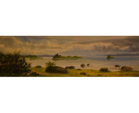 JAMES HALL FLACK (1941), ‘Morning Light in Water’, watercolour, signed with studio label verso and dated 1982, panoramic lake