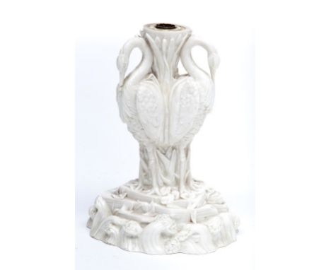 A RARE FIRST PERIOD (1863-1890) BELLEEK BITTERN COMPORT. Lacking bowl. Modelledwith three Bitterns around a wreath, standing.