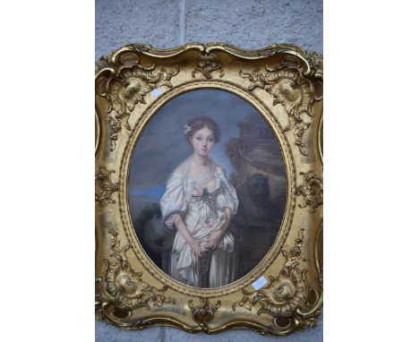 NINETEENTH CENTURY CONTINENTAL SCHOOL. 'Oval Portrait Of Young Lady.’ Scene with alady in white satin dress with pink roses s