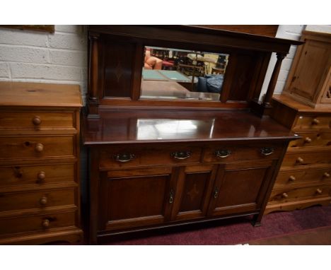 AN INLAID MAHOGANY MIRROR BACK SIDEBOARD, with moulded upper shelf and two friezedrawers, above two cupboard doors. On square