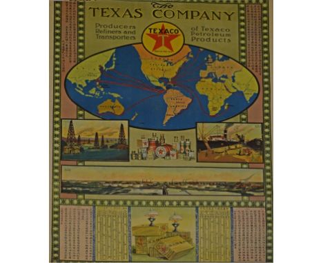 A CHINESE COLOURED VINTAGE ADVERTISING POSTER, 'The Texas Company'- Texaco withWorld Map, depicting oil fields, dock scene, p