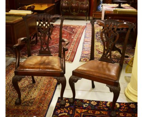 A GOOD SET OF EIGHT 19TH CENTURY CHIPPENDALE STYLE DINING CHAIRS.Each with a serpentine moulded back with ribbons and tassels
