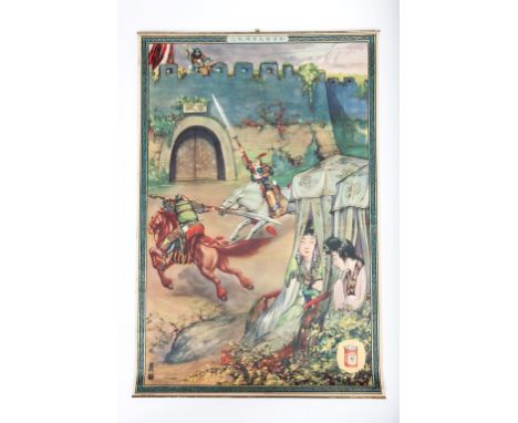A CHINESE VINTAGE POSTER, for 'Nataman Cigarettes' with a scene in colour depictingwarriors battling by a castle gate and two