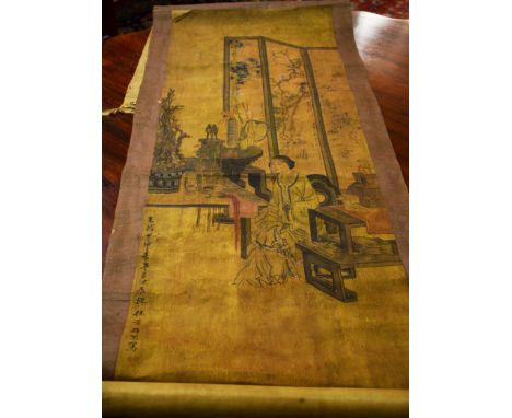 AN EARLY CHINESE SCROLL PAINTING, probably mid-nineteenth century, depicting a noble woman seated in an elegant interior, by 