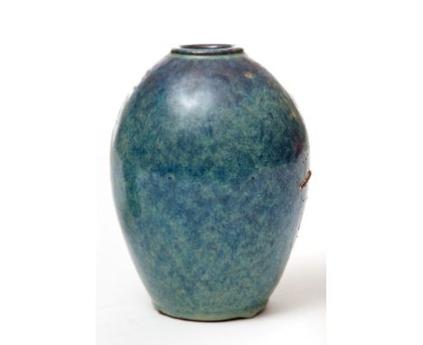AN UNUSUAL EIGHTEENTH CENTURY CHINESE GREEN TREACLE GLAZED STONEWAREVASE. Kuangtung by Ko Ming-Hsiang. Deep seal mark to base