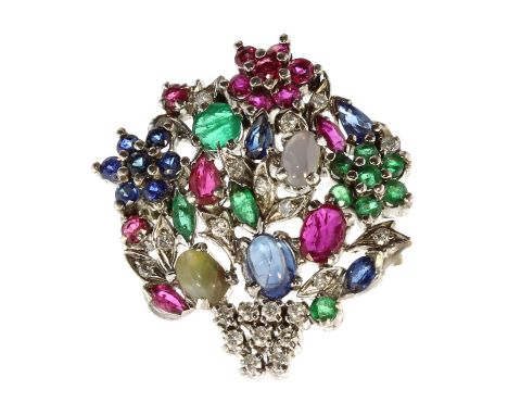 An antique Tutti Frutti ruby, emerald, sapphire and diamond flower basket brooch in white gold or platinum, designed as a bas