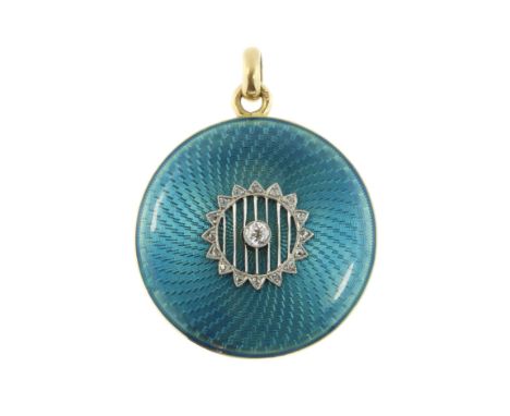 An antique French diamond and enamel mourning locket pendant in 18ct yellow gold, the front decorated with translucent turquo