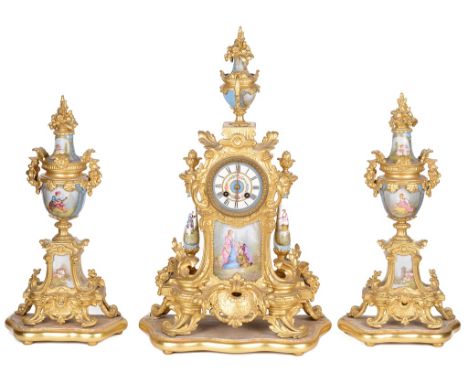 A 19th Century French Clock Garniture - Japy Freres Movement:The clock with ornate gilded spelter case, with floral scroll, s