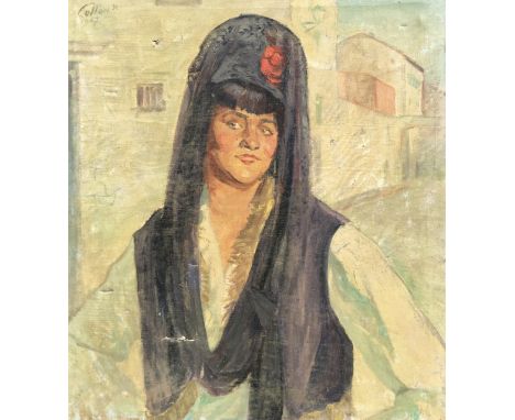 Spanish School (early 20th century): Portrait of a lady, oil on canvas, signed indistinctly upper left, possibly 'Colpon R' &