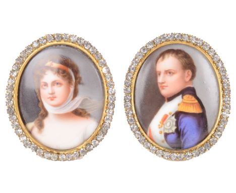 Continental School (19th/20th century):A pair of hand painted portrait miniatures on porcelain depicting Napoleon I & the Emp
