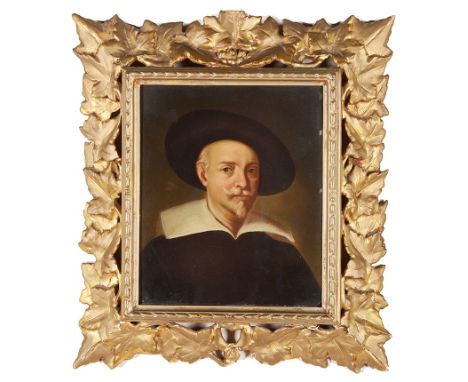 After Guido Reni (Italian, 1575-1642): Self portrait of the artist, oil on panel, H 21 x W 17 cm, set within an elaborate, ha