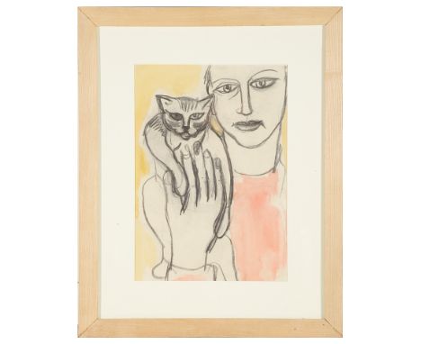 Eileen Bell (British, 1907-2005): Portrait of a figure holding a cat, graphite & watercolour, H 48 x W 34 cm; together with a