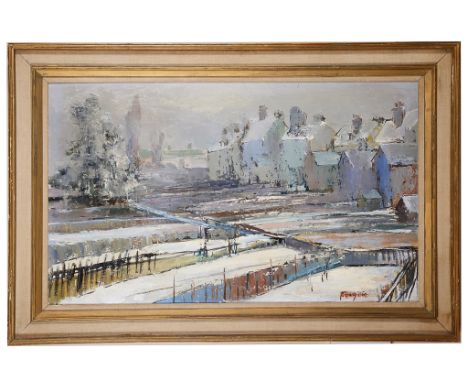 Lucette de la Fougere, R.B.A., R.O.I. (French, 1921-2010):'Back Gardens - Snow', oil on board, signed lower right, titled & i