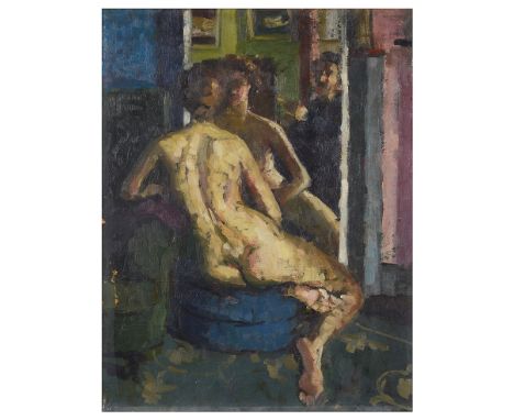 Circle of Walter Richard Sickert, A.R.A. (British, 1860-1942):An artist painting a nude before a mirror, oil on board, with f