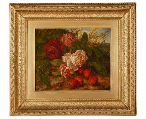 Sophie Anderson (British, 1823-1903):Still life with strawberries, ferns & flowers, oil on canvas, signed lower centre, H 25 