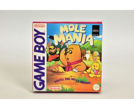 MOLE MANIA GAMEBOY GAME BOXED, obscure Shigeru Miyamoto title boxed with its manual, only minor wear across the box's edges, 